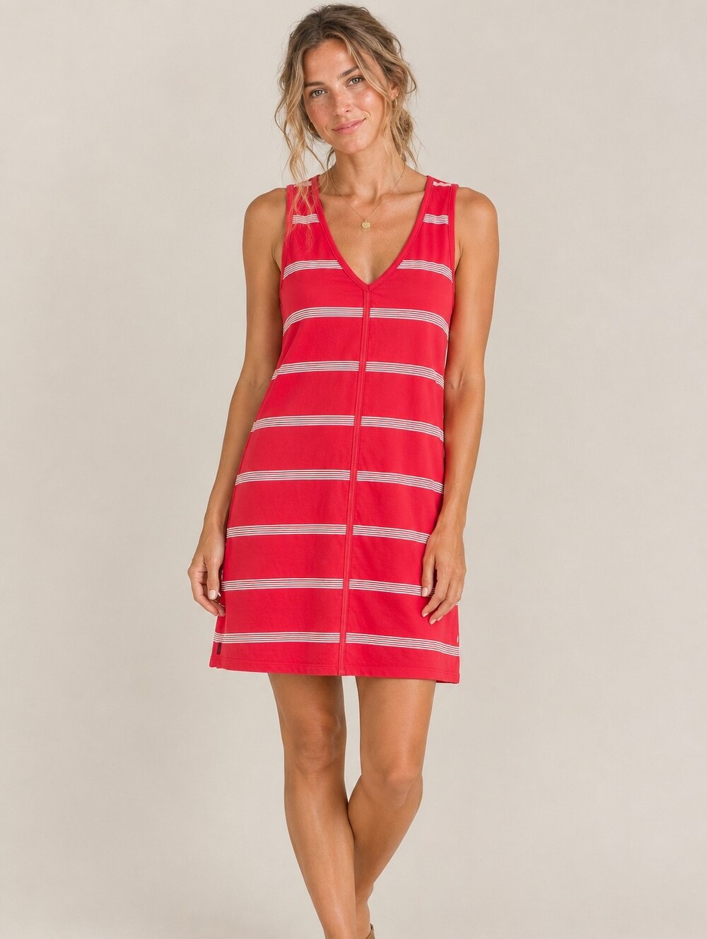 Lolë Coral Red White Striped Organic Cotton Tank Dress Beachy Casual Vacation M